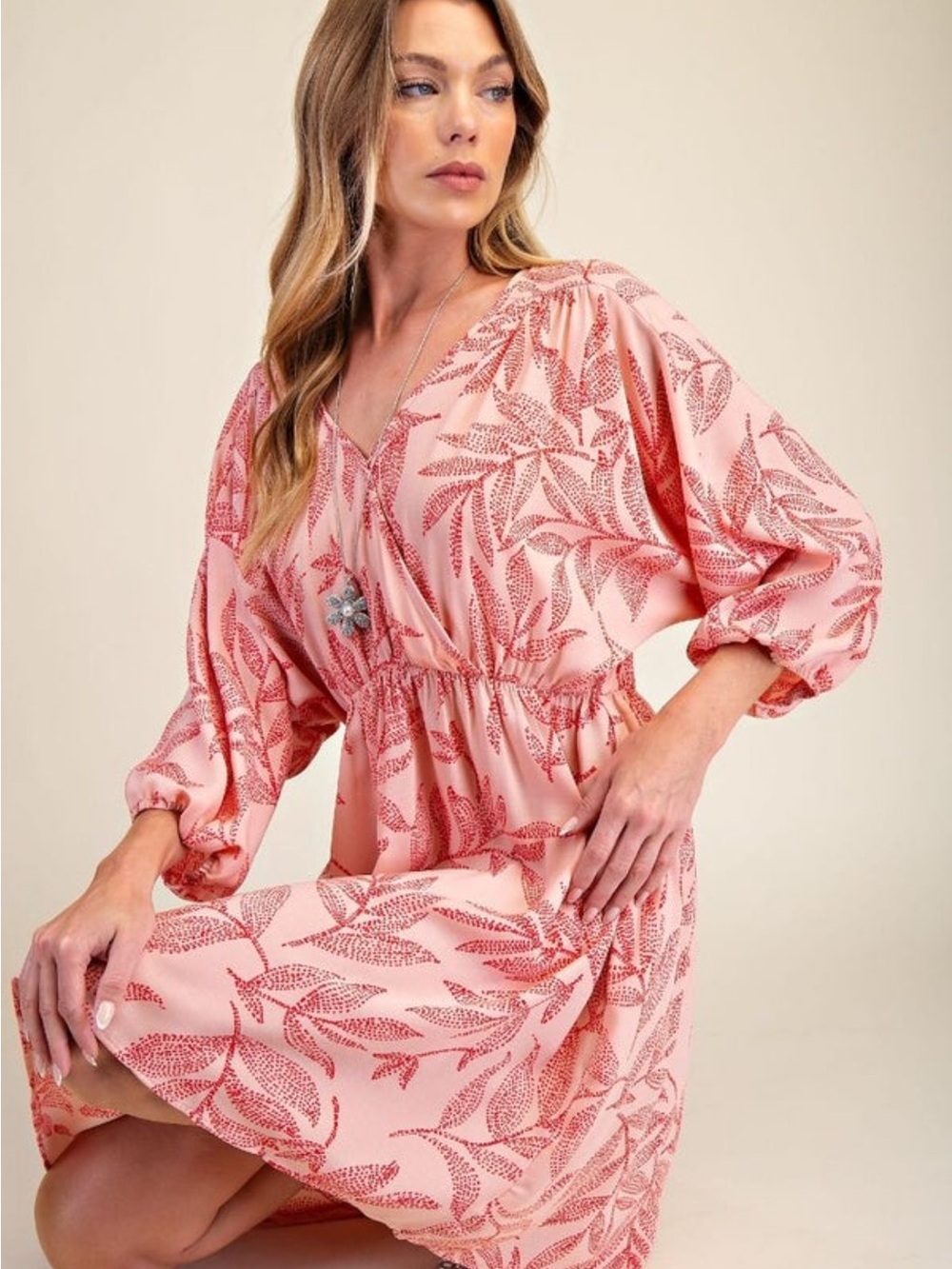 EASEL Pink Coral Leaf-Print V-Neck Tiered Mini Dress - Picture 2 of 3